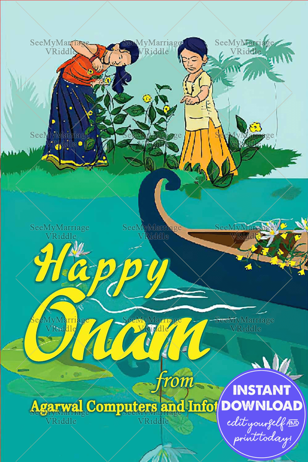 Green Happy Onam Greeting WhatsApp Card, Children Cartoons