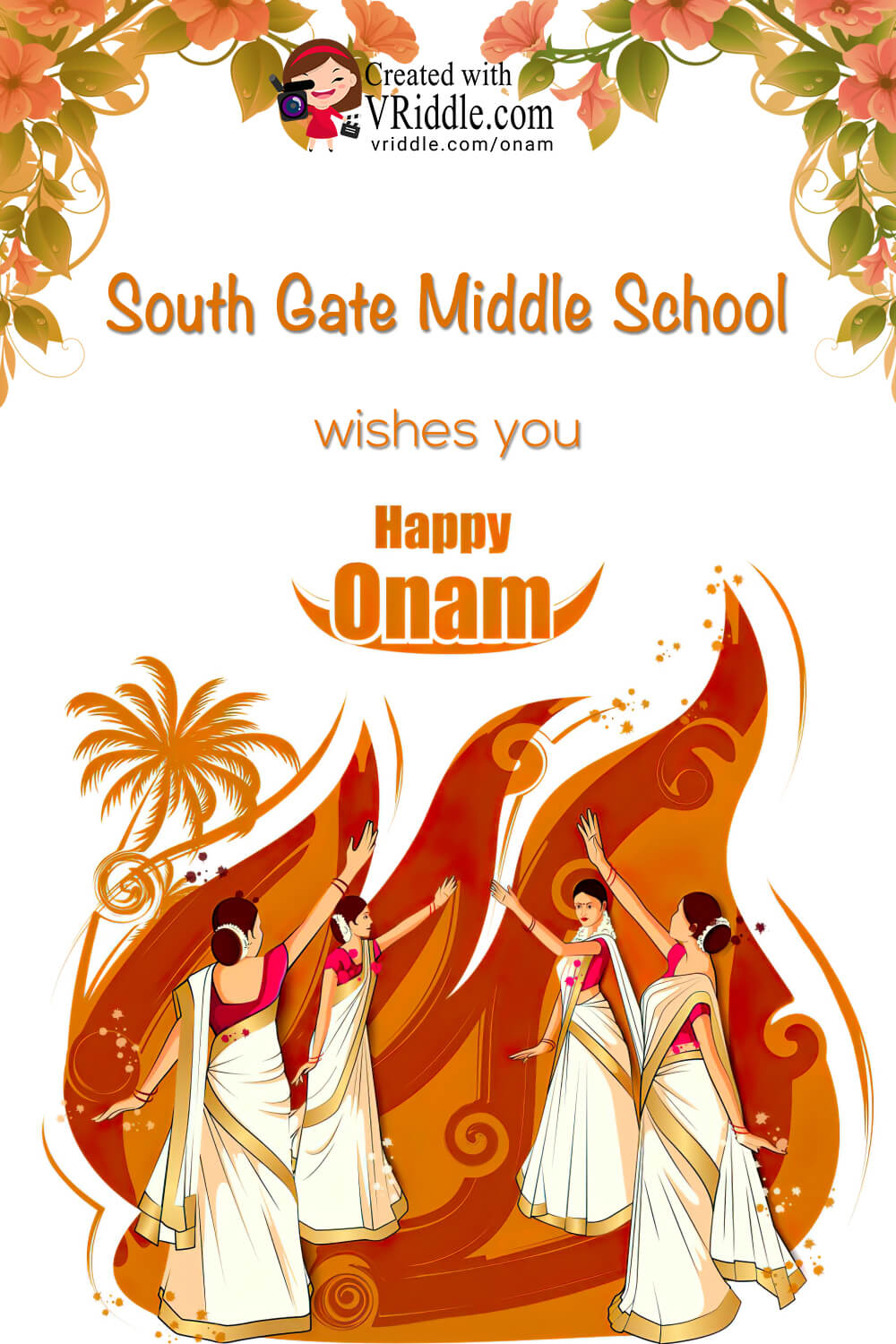 Orange theme Happy Onam Greeting Card, Kerala Women Dancing – VRiddle