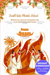 Orange theme Happy Onam Greeting Card, Kerala Women Dancing