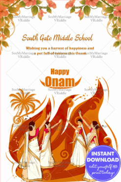 Orange theme Happy Onam Greeting Card, Kerala Women Dancing
