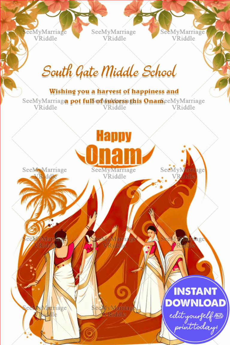 Orange theme Happy Onam Greeting Card, Kerala Women Dancing