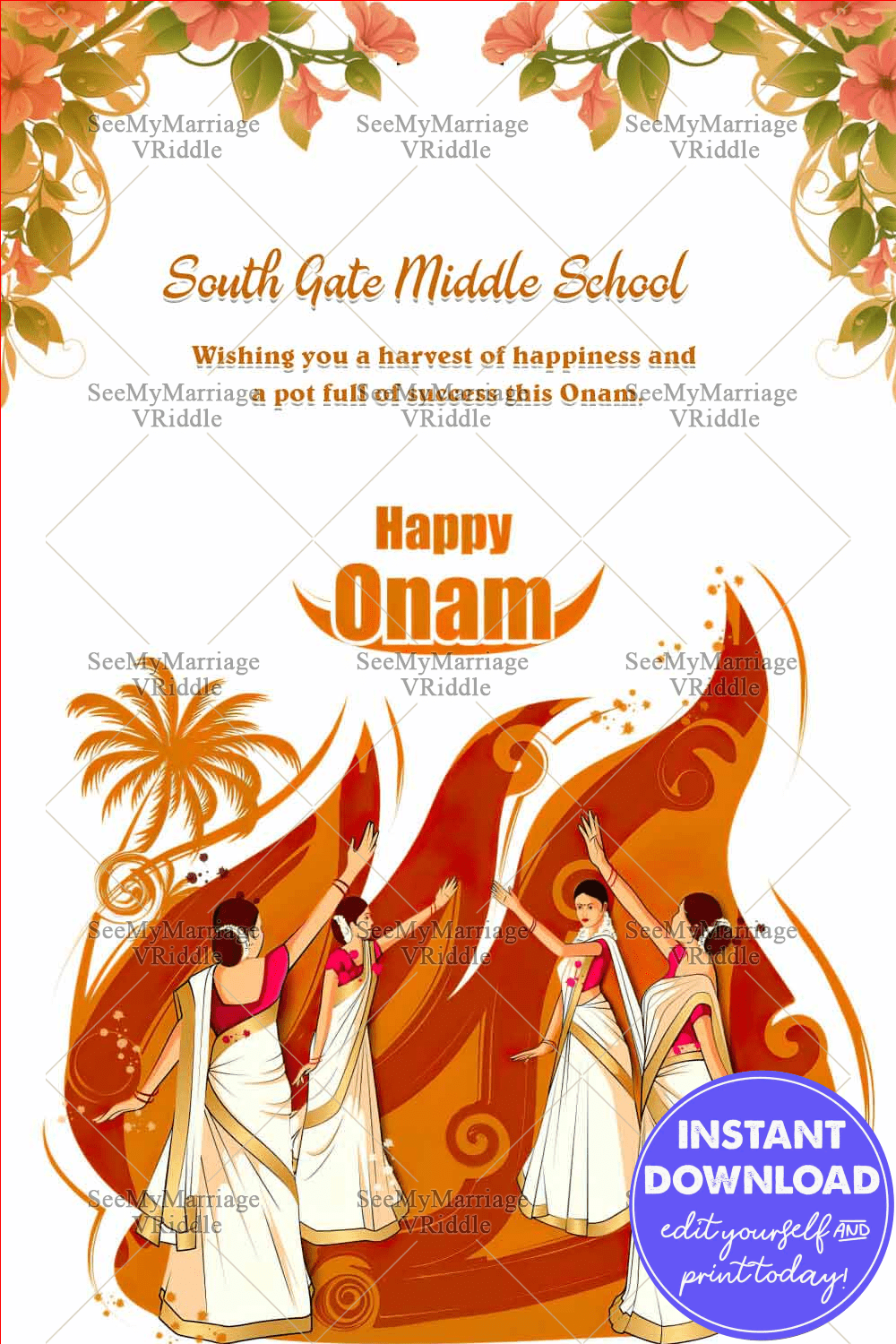 Orange theme Happy Onam Greeting Card, Kerala Women Dancing