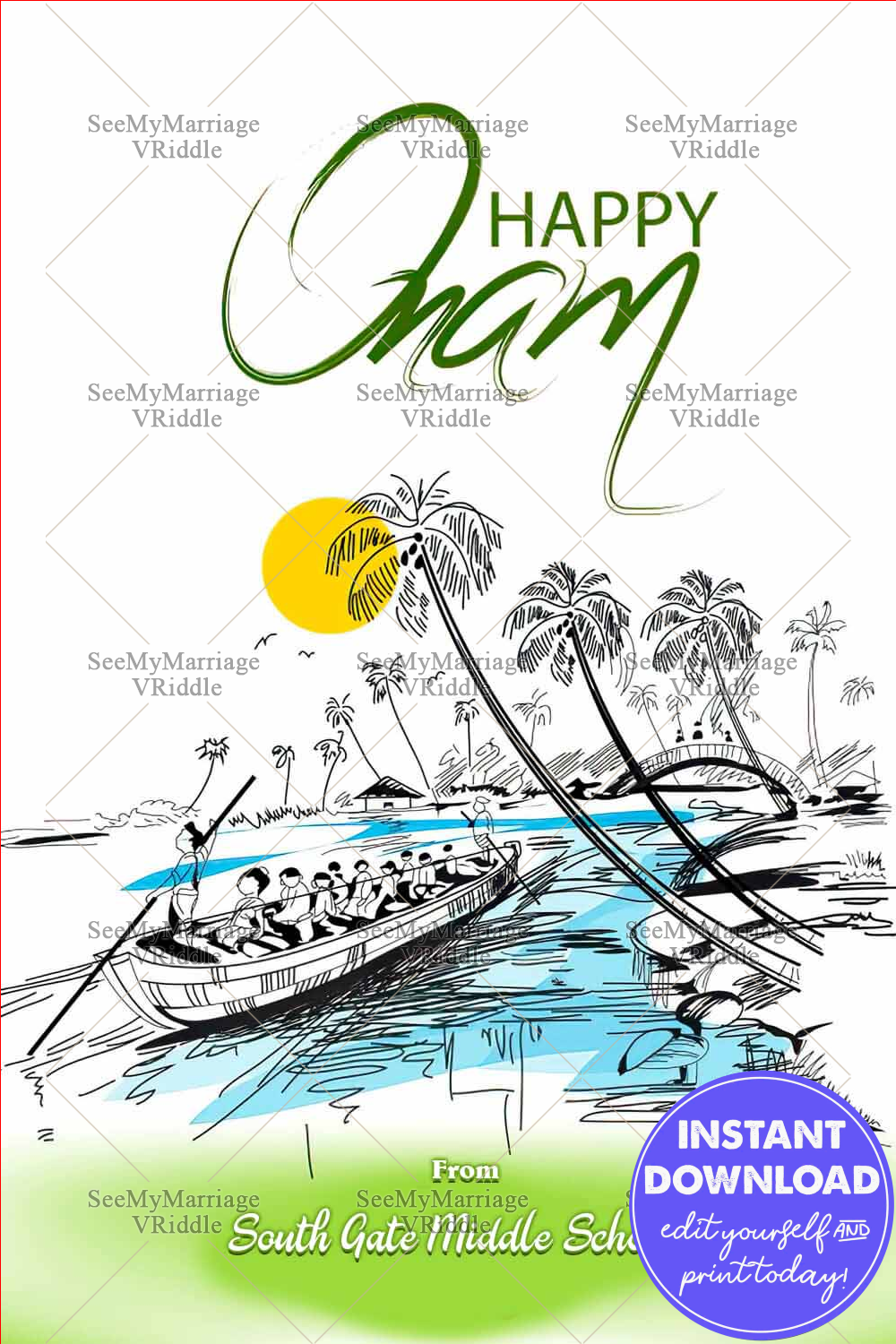 Traditional Green Theme Onam Greetings with Boat Cartoon