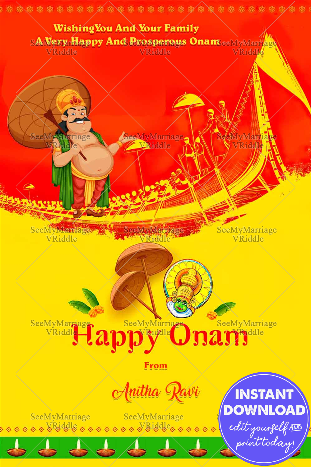 Vallamkali Theme Happy Onam Wishes Greetings in Red and Yellow Theme Background