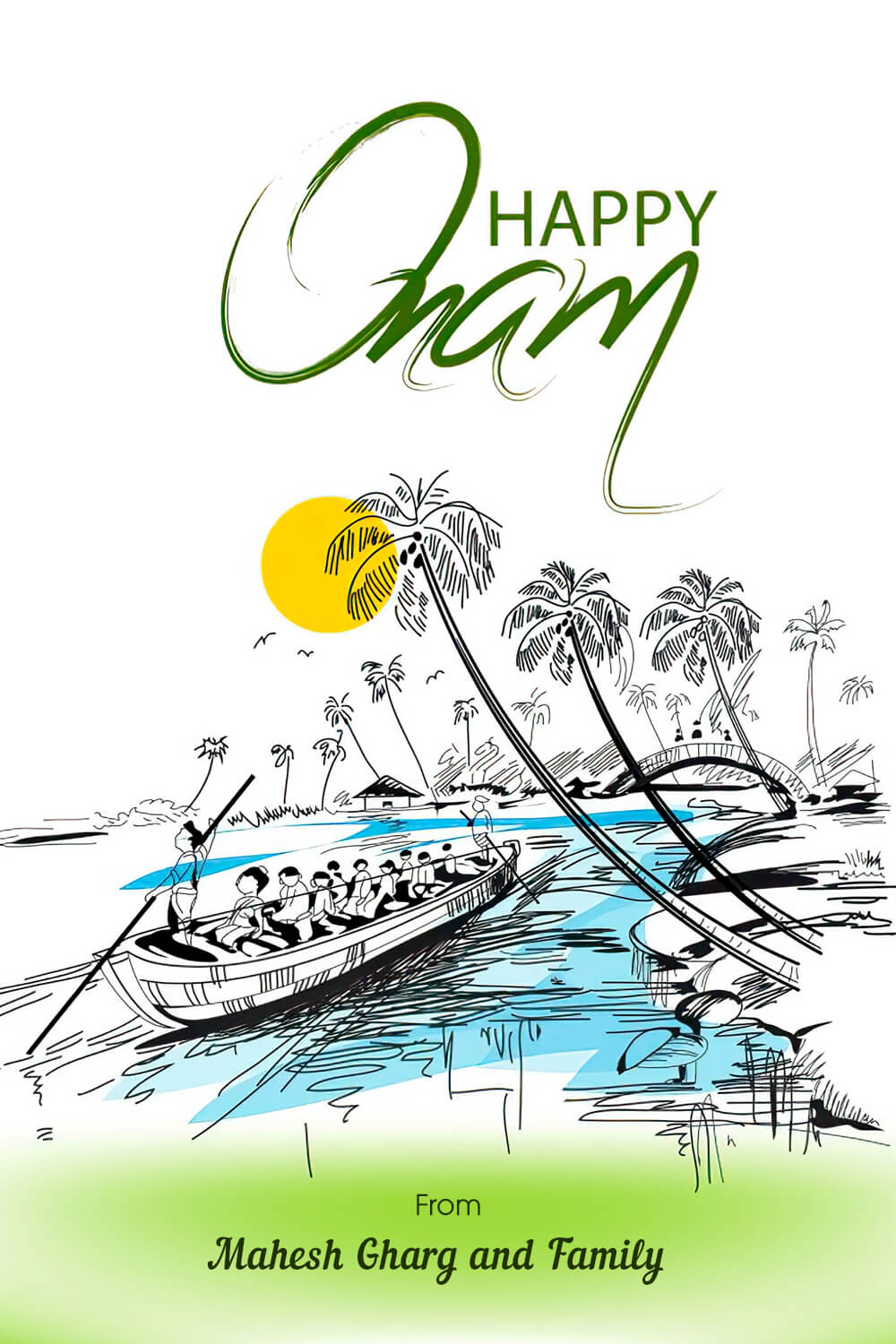 Traditional Green Theme Onam Greetings with Boat Cartoon – VRiddle