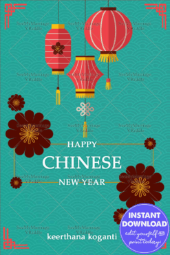 Blue Theme Chinese New Year greeting card With hanging lanterns hanging