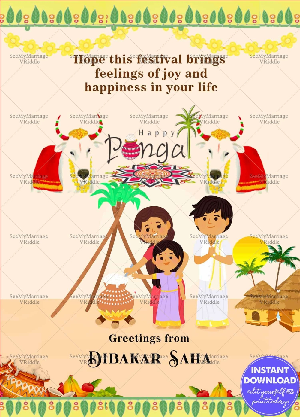 Simple South Indian Pongal Greeting Card