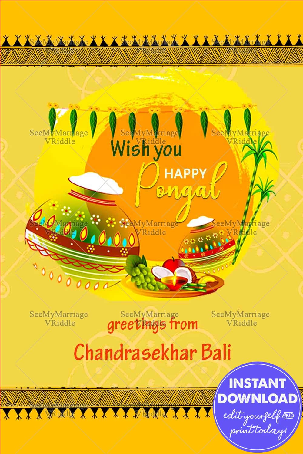 Yellow theme Pongal Greeting Card