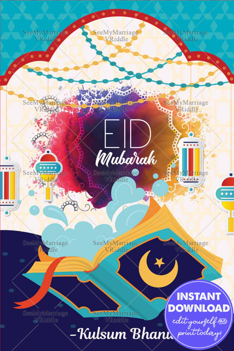 Eid Mubarak Greeting Card with Book & Hanging Lanterns Theme
