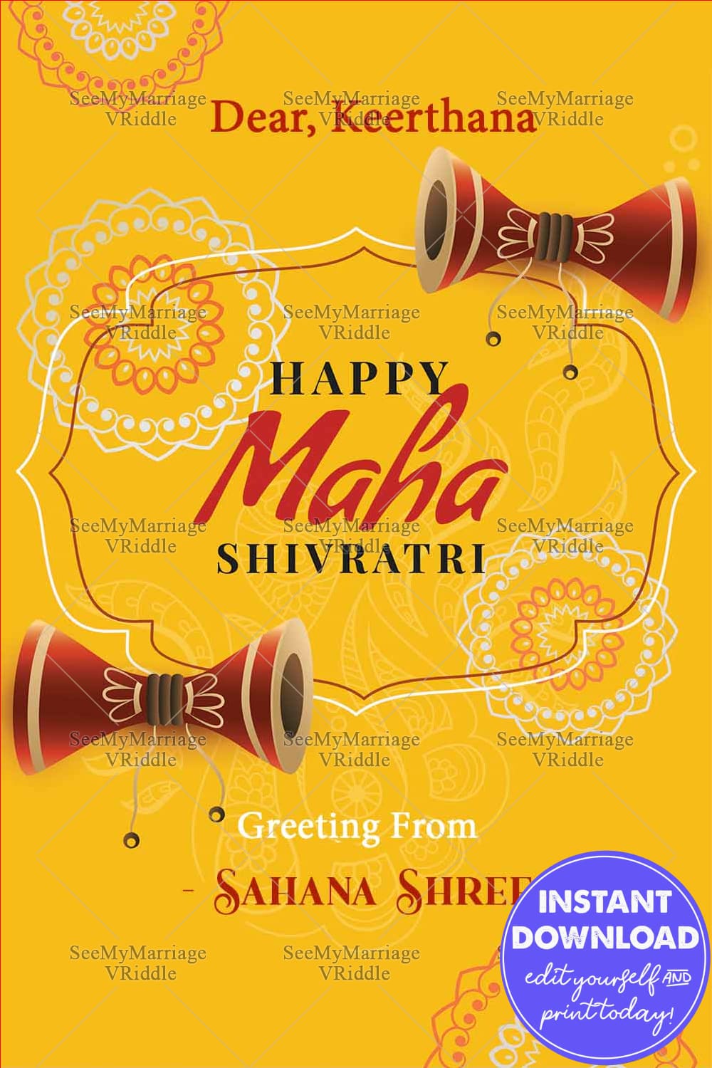 Maha Shivaratri Greeting Card with Damaru in Yellow Background