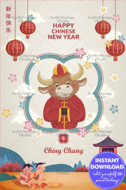 OX Theme Chinese New Year Card with Orange Theme Background