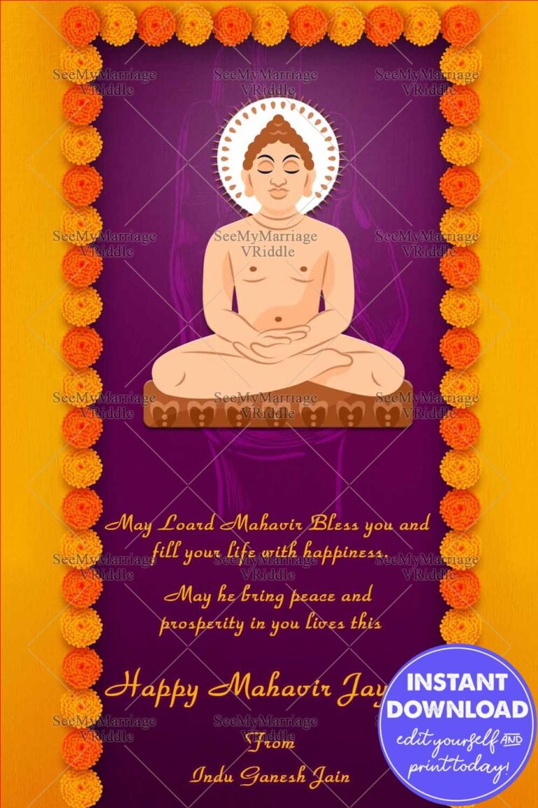 Mahavir Jayanti Greeting Card in Violet and Gold Theme Background