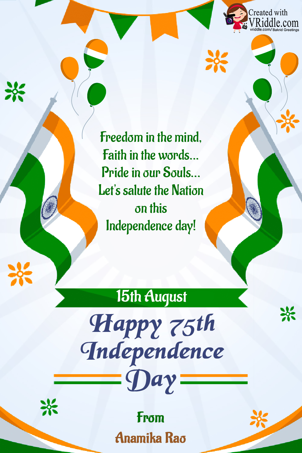 75th Independence Day Greeting Card With Indian Flag Vriddle
