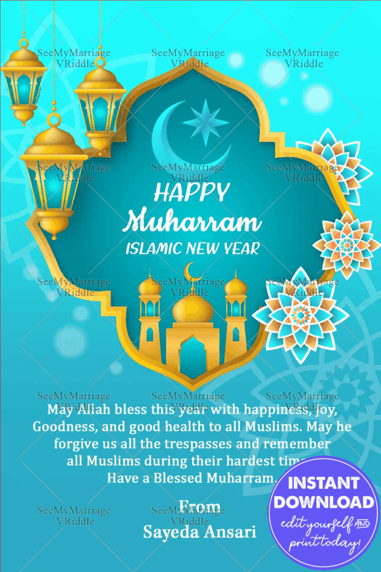 Golden Mosque And Hanging Lamp With Sky Blue Theme Muharram Greeting Card