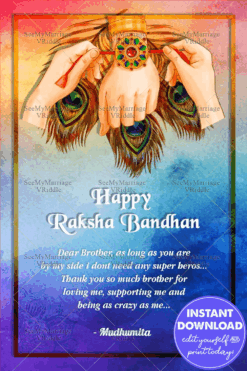 Peacock Feather And Hand Theme Happy Raksha Bandhan Card