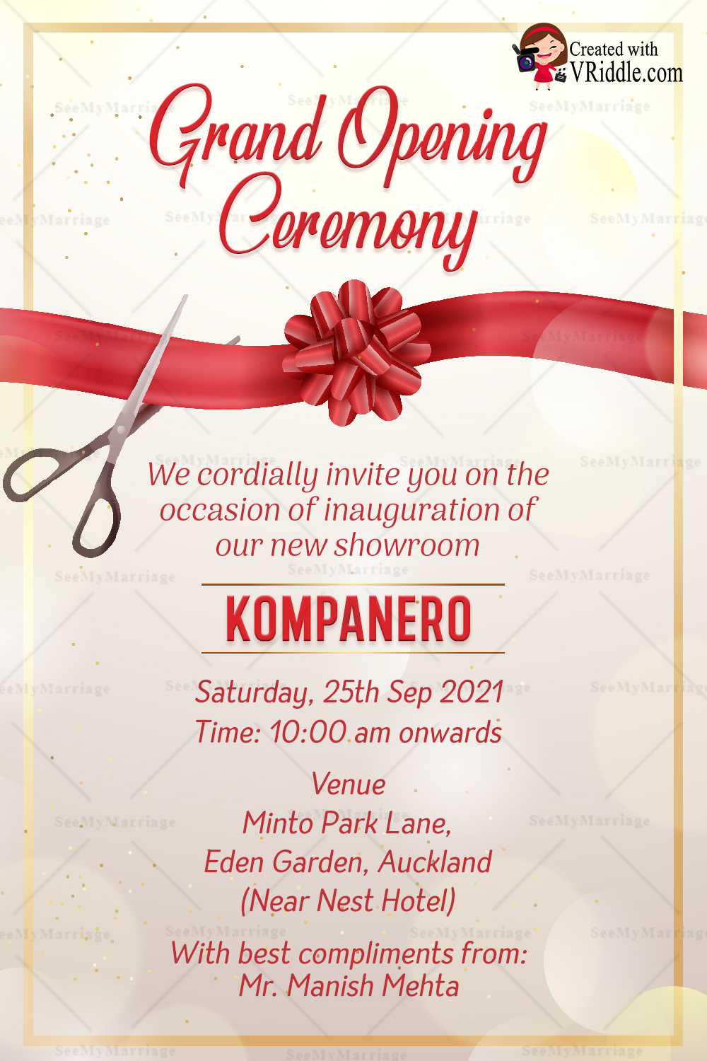 Cream Theme Inauguration Invitation Template with Red Ribbon, opening  ceremony 