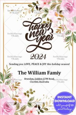 Floral Golden Border Theme Happy New Year Greeting Card