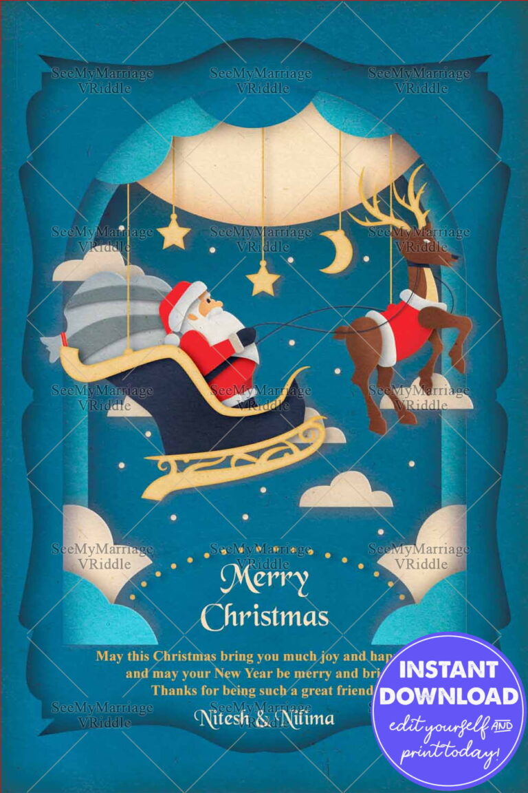 Paper Art 3d Christmas Santa Claus With Flying Reindeers Greeting Card