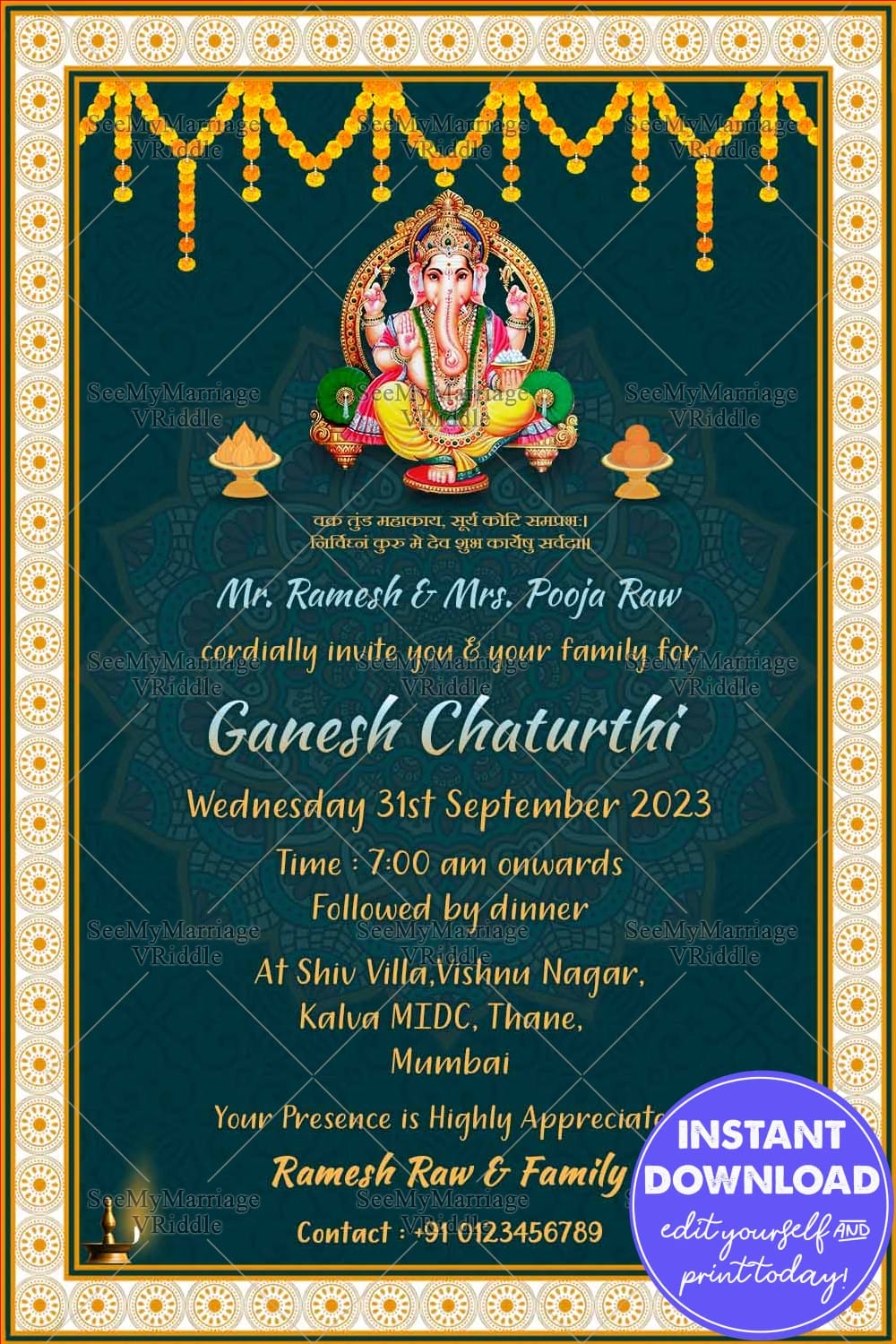 Blue Green Ganesh Chaturthi Greeting Card