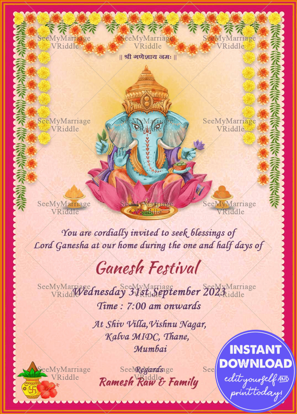 Ganesh Chaturthi Pink Greeting Card