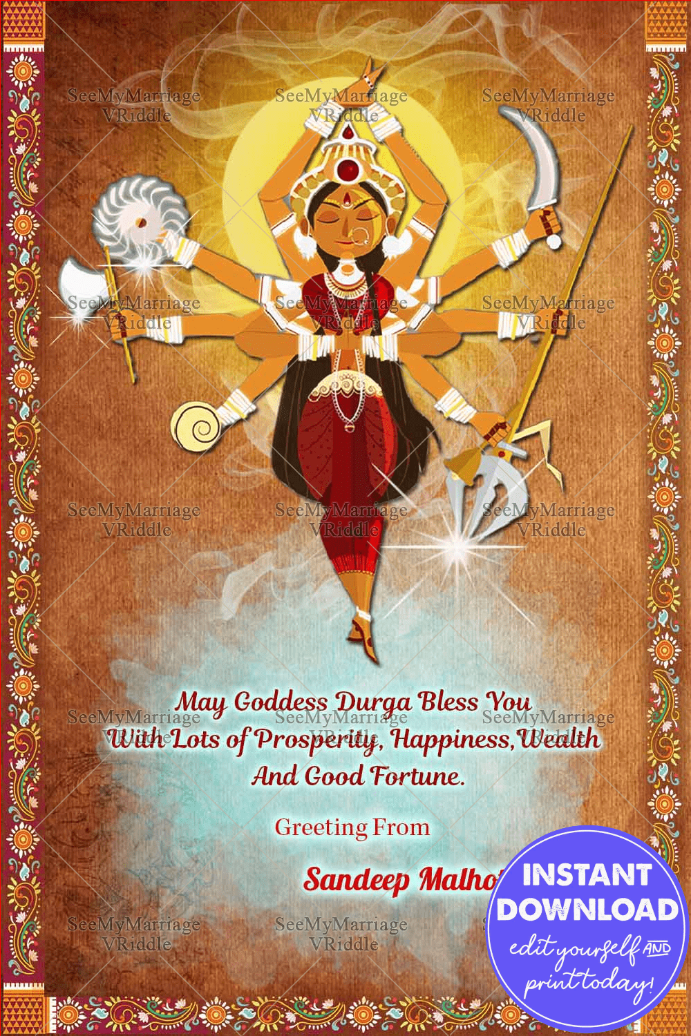 The Dussehra spread goodwill with an evocative fusion style greeting card. The all powerful Durga ma the epitome of shakti is portrayed in all her glory with all weapons drawn on a brown self patterned background with a traditional floral border.