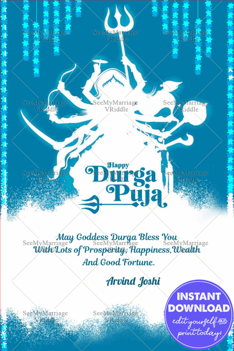 Modern Electric Blue Dussehra Greeting Card Durga Shadow Style