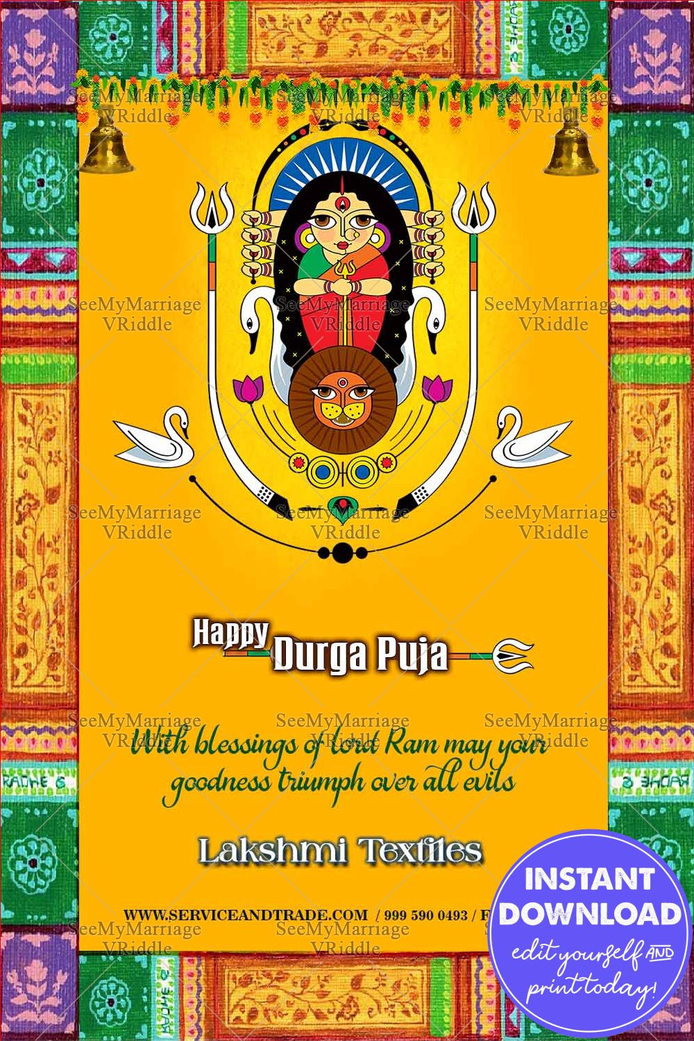 Traditional Yellow Dussehra Greeting Card Durga Puja Madhubani Art