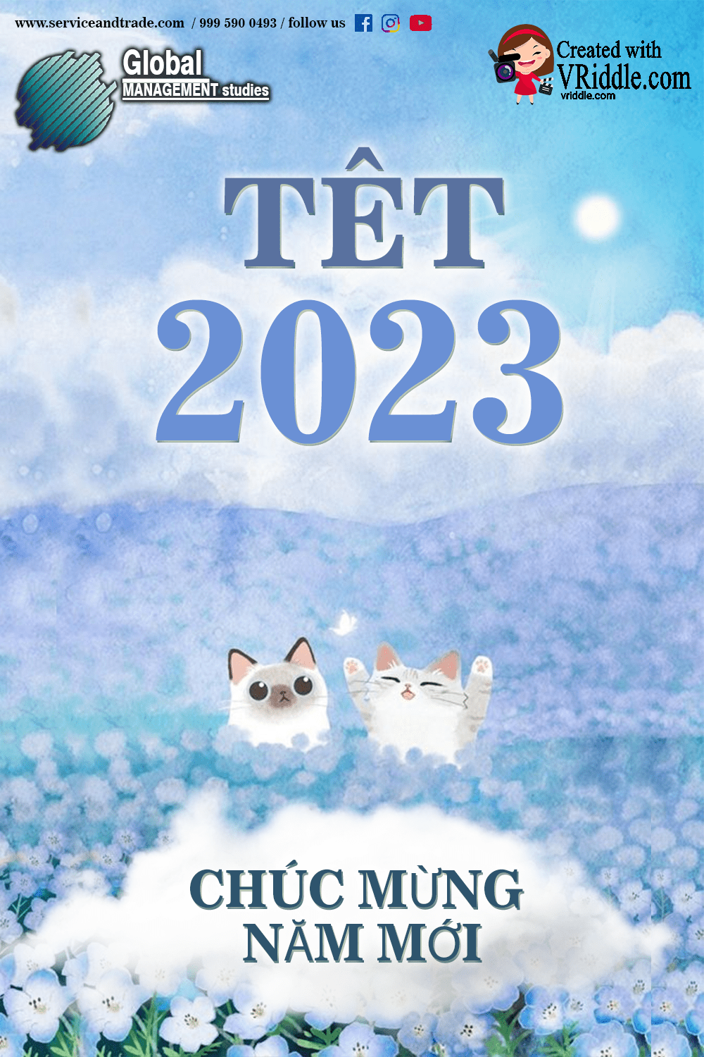 Cat Theme Tet 2023 Vietnamese New Year Greeting Card Blue Theme