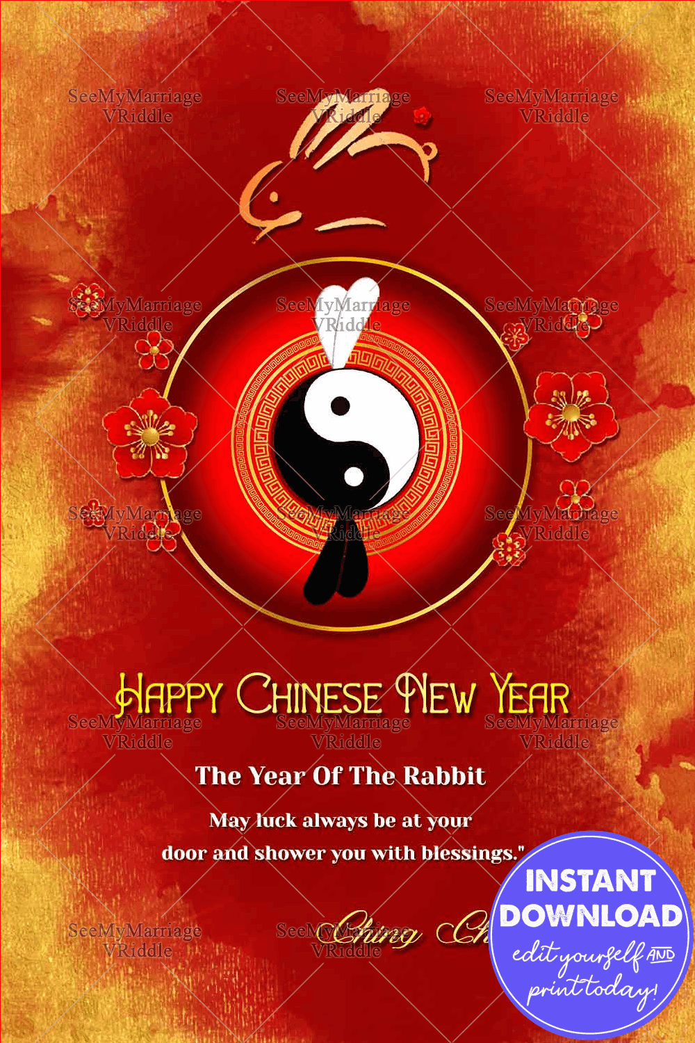 Chinese New Year Of Rabbit Greeting Card Yin Yang Theme