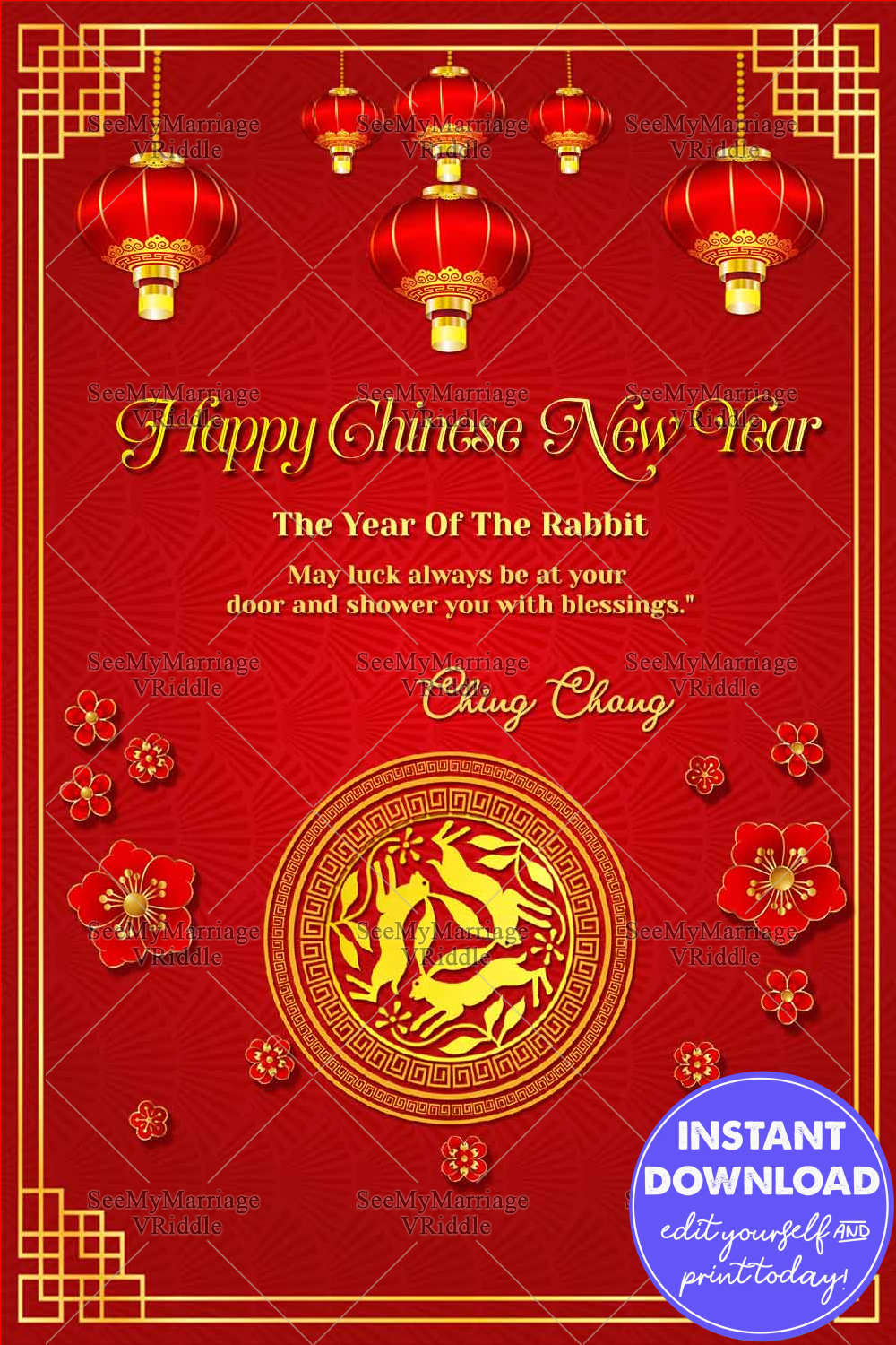 Chinese New Year Of Rabbit Theme Greeting Card Red Gold