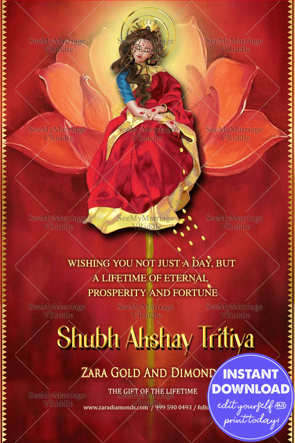 Graceful Lakshmi Aksahay Tritiya Greeting Card Red Watercolour Theme