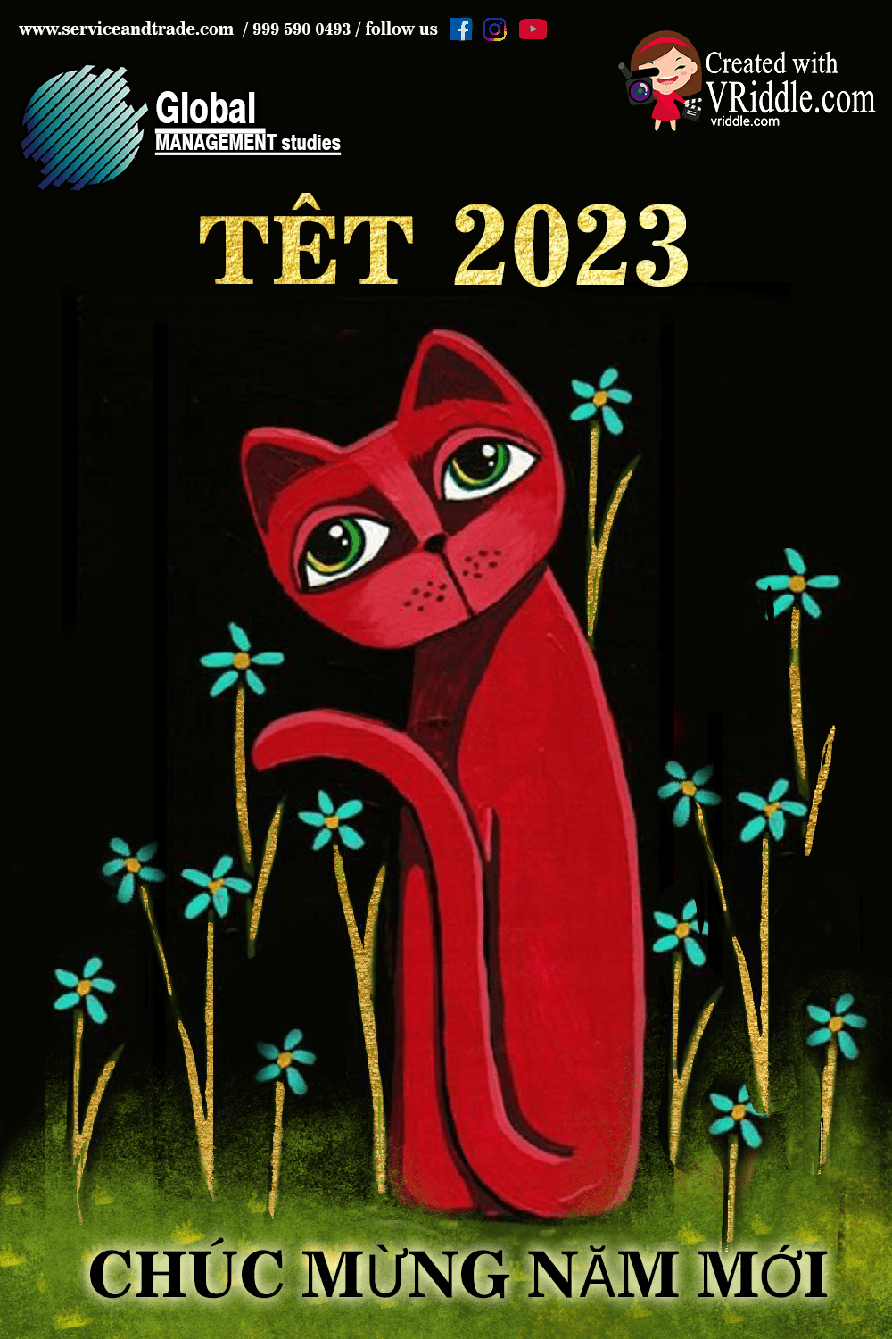 Red Cat Vietnamese New Year Greeting Card Black Theme
