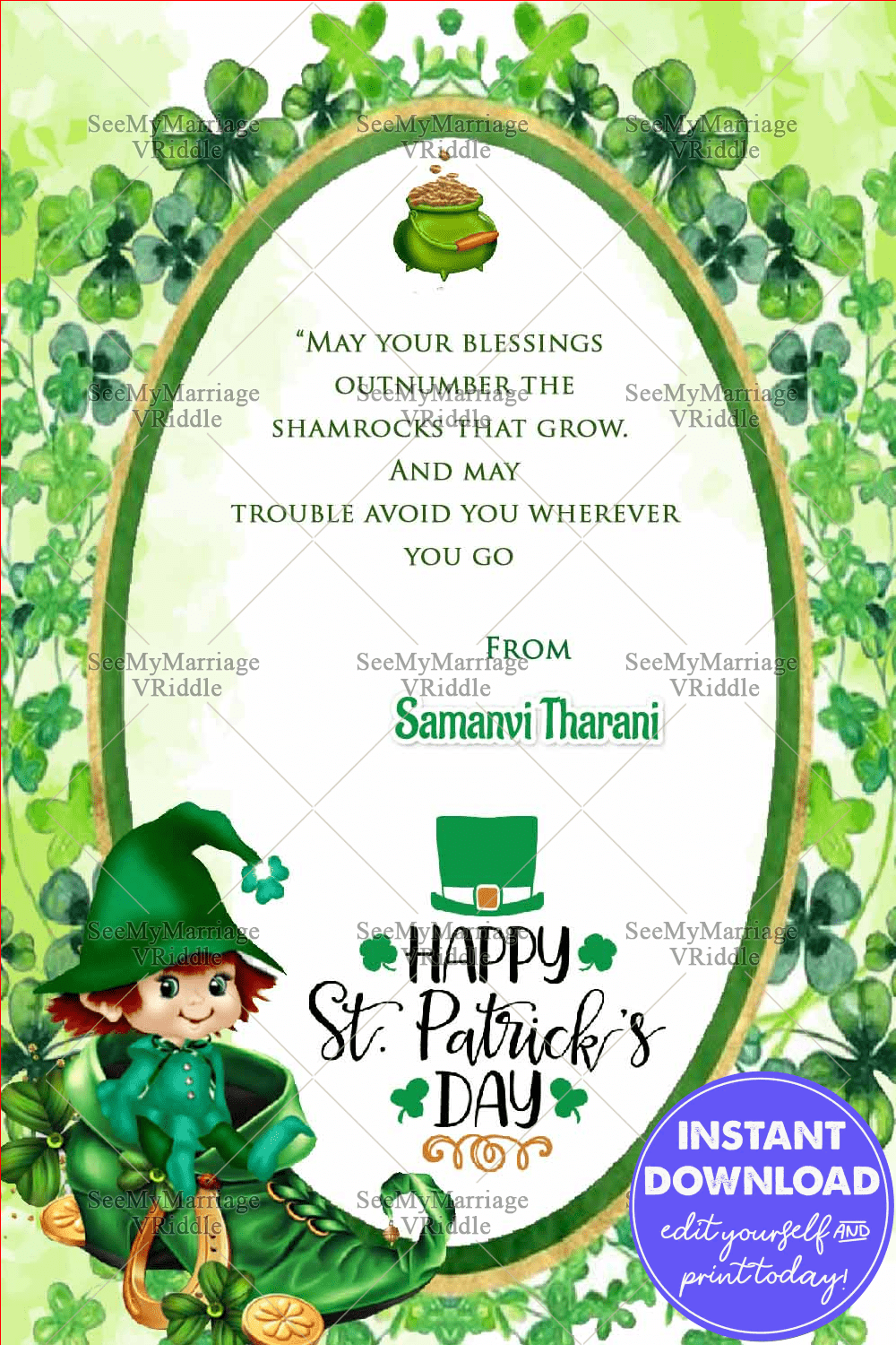 Leprechaun Theme St Patrick's Day Greetings Card Green Clovers