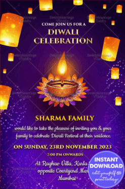 Diwali Diya Festival of light Invitation Violet Gold