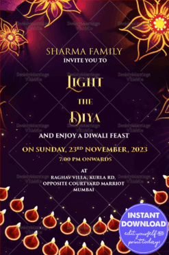 Light the Diya Deepavali Celebration Invitation Violet