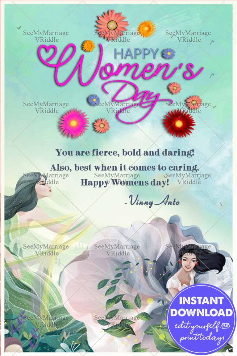 A Vibrant Women's Day Greeting Card Featuring a Joyful Dancing Girl on a Light Green Background