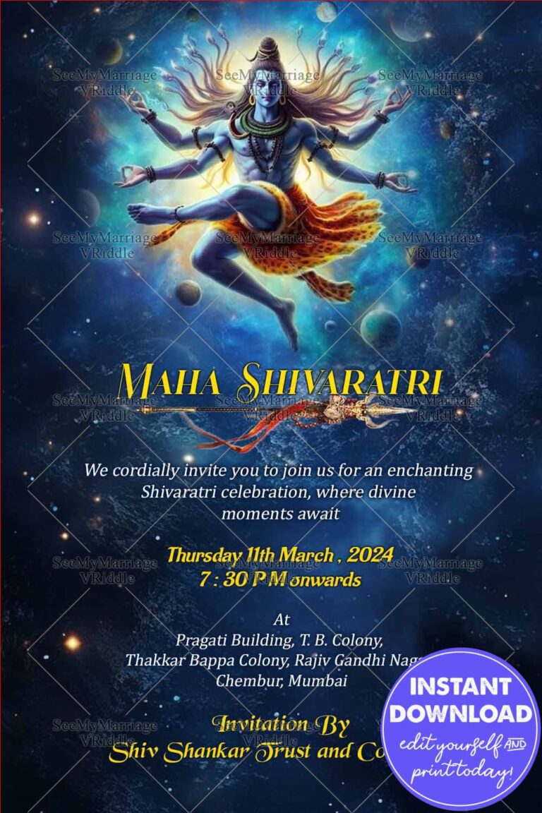Divine Dance: Shivaratri Invitation in Blue Theme with Lord Shiva in Joyful Celebration