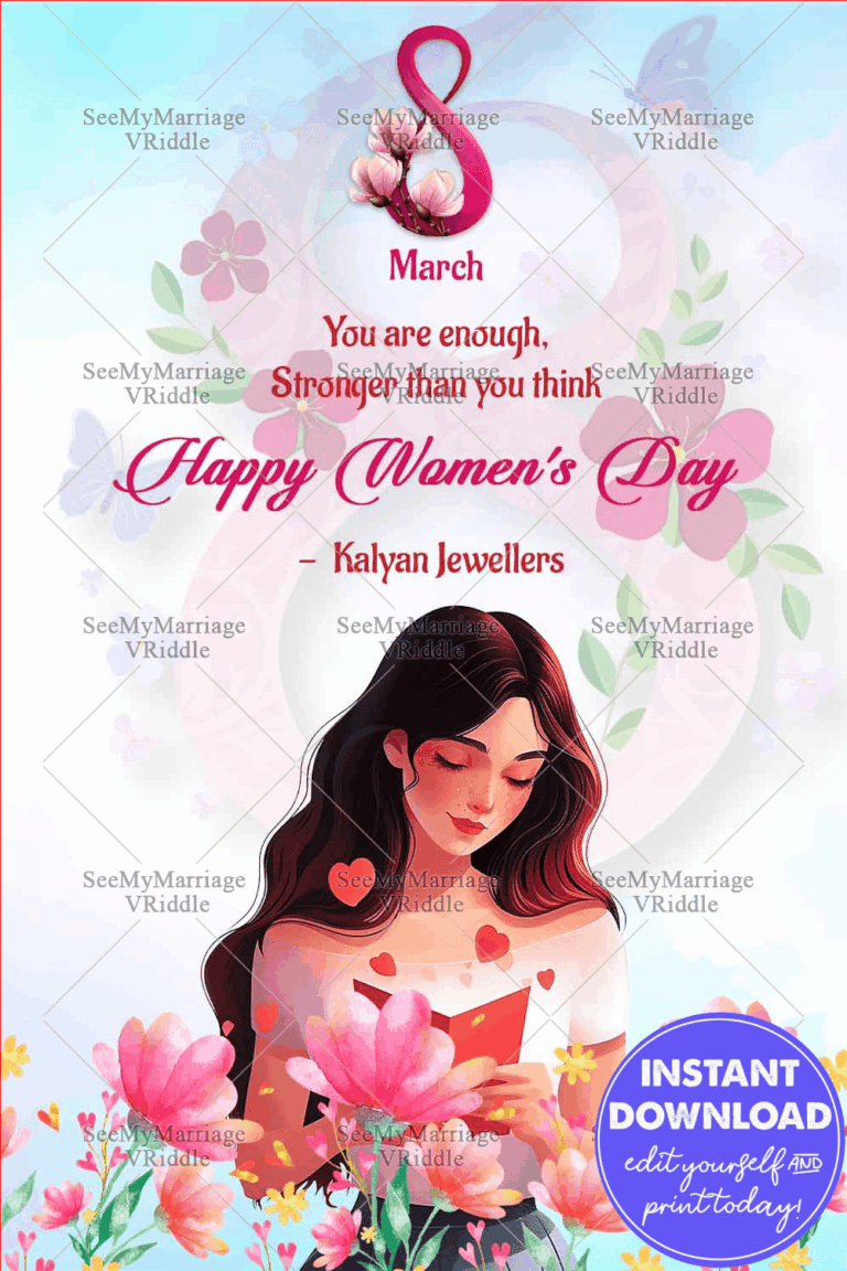 A Women's Day Greeting with a Girl Immersed in Reading, Surrounded by Vibrant Flowers and Nature's Beauty.