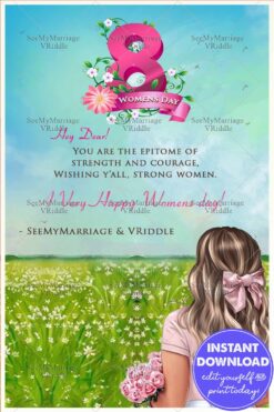 Women's Day Greeting Card with a Girl Holding a Flower, Surrounded by Green Grass, and a Light Green Background