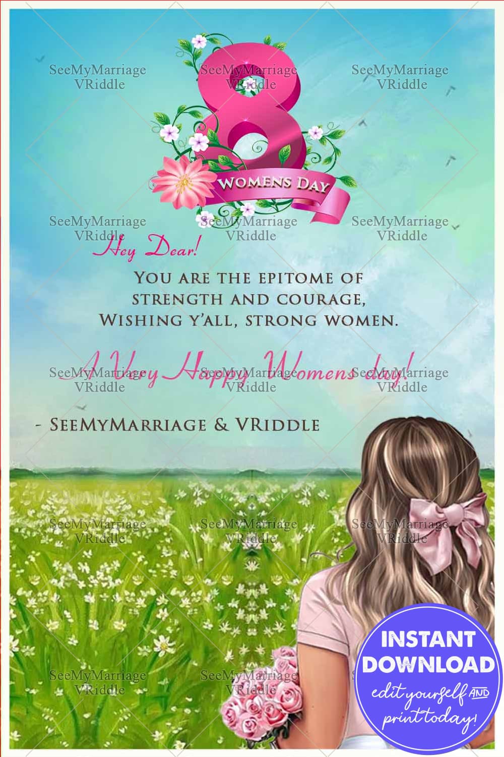 Women's Day Greeting Card with a Girl Holding a Flower, Surrounded by Green Grass, and a Light Green Background