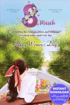 Women's Day Greeting with a Girl in a Boat, Peaceful Lakeside Journey