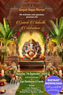 Traditional Ganesh Chaturthi Celebrations Invitation Card and Temple Architecture Background