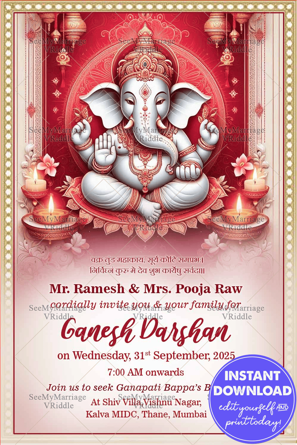 Traditional Red and Gold Ganesh Darshan Invitation Card