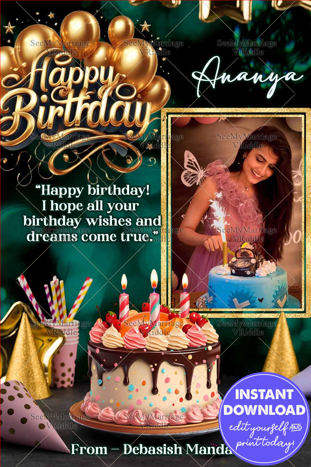 Elegant Birthday Sparkle Card Golden Glamour & Joy