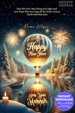 New Year Greeting Card Festive Hot-Air Balloon with Winter Theme & Fireworks