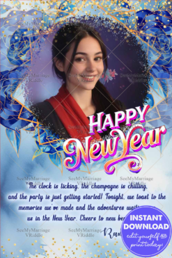 New Year Greeting Card with Blue Florals and Golden Sparkles with Photo Frame