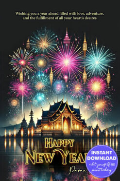 Colorful New Year Greeting Card with Fireworks Design