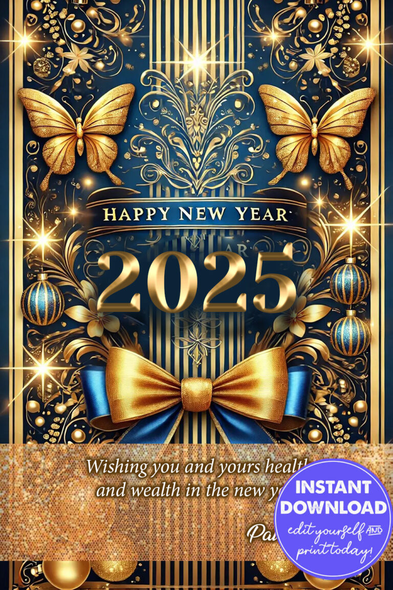 Luxurious and Festive New Year 2025 Greeting Card in Gold and Blue Theme