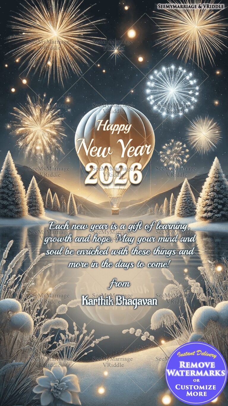 Winter Fireworks New Year Greeting Card with Hot-Air Balloon