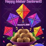 Colorful Makar Sankranti Artwork with Festive Sweets and Kites